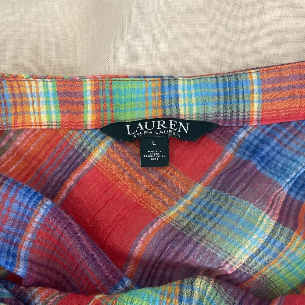 $80 LAUREN Ralph Lauren Plaid Madras  Crinkle Cotton Off Shoulder Top L - Picture 3 of 9